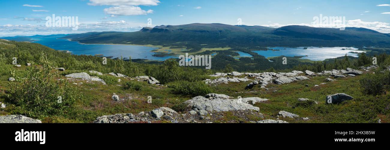 Panoramic view on meandering Rapadalen river delta to Lajtavrre lake, valley in Sarek national park, Sweden Lapland. Nordic wild landscape with Stock Photo