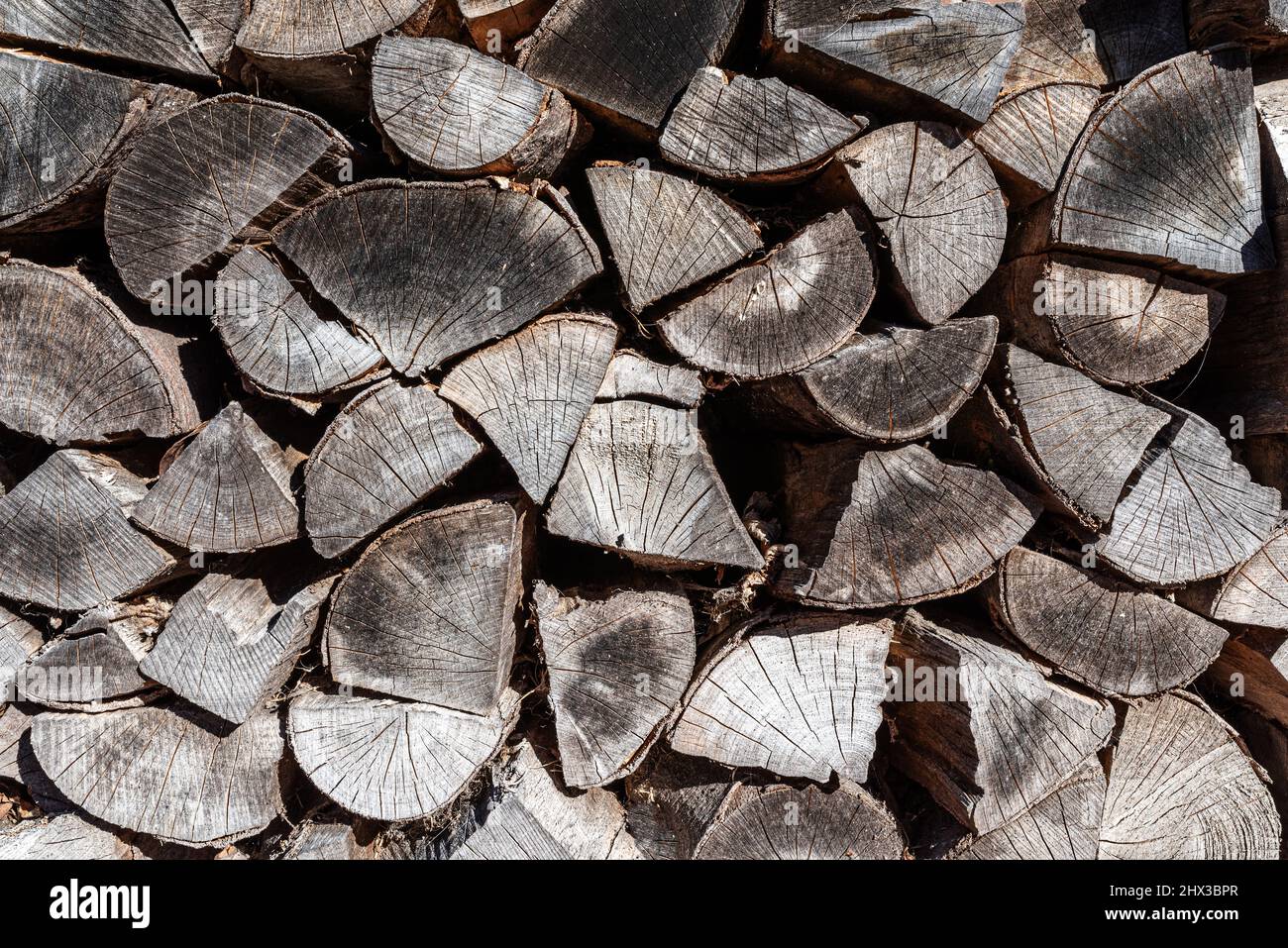 stack of seasoned split firewood, wood background Stock Photo