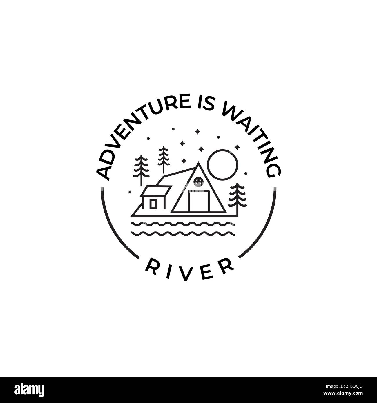 Camping badge illustration design. Wigwam outdoor logo by the lake, round logo Stock Vector