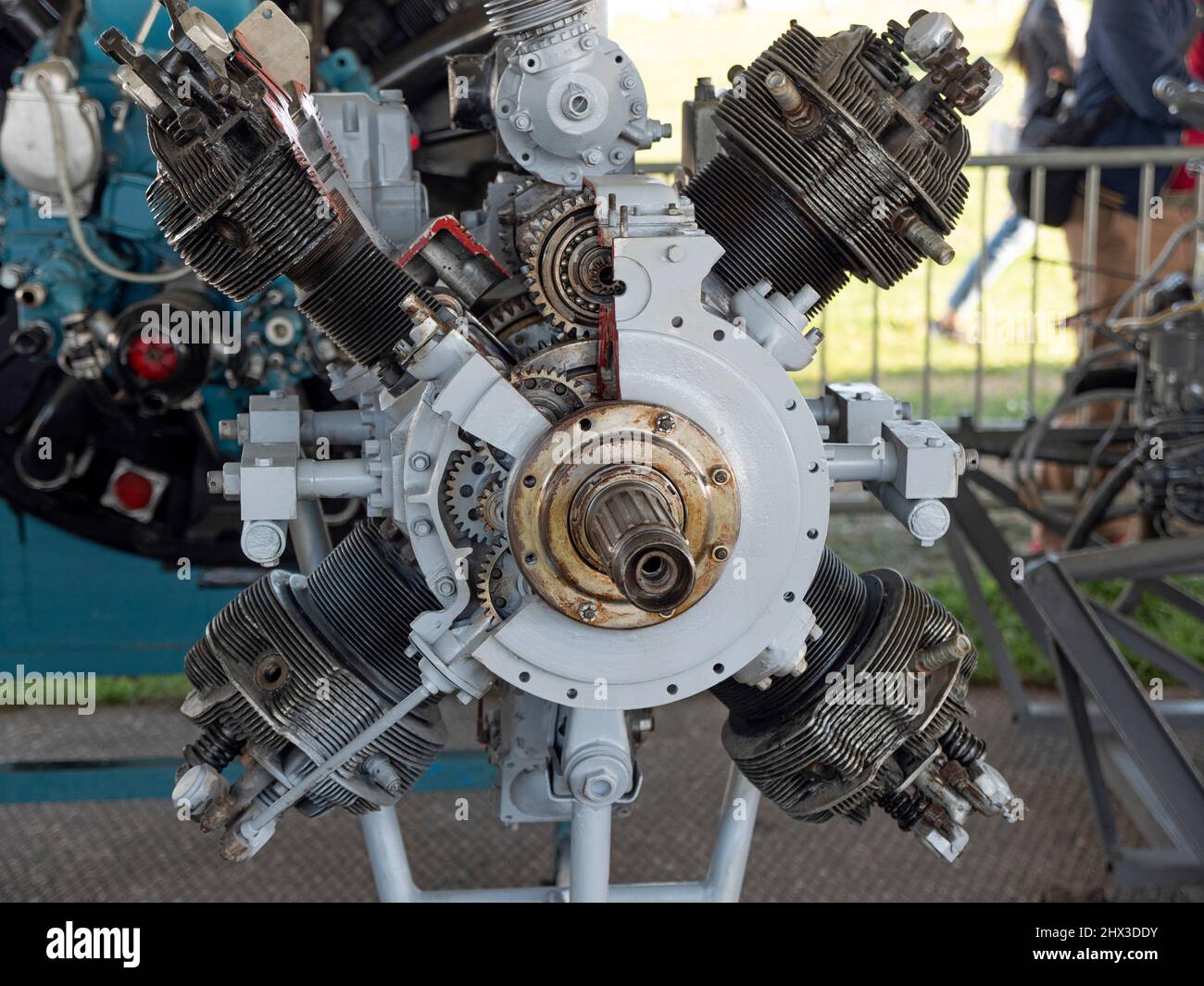 Old aircraft engine with wood propeller, vintage plane close up Stock Photo Alamy