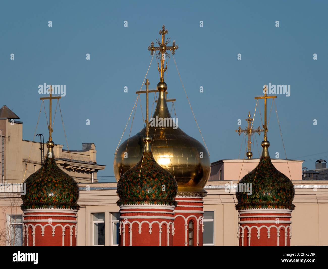 Golden dome with orthodox cross close-up on a blue sky background Stock ...