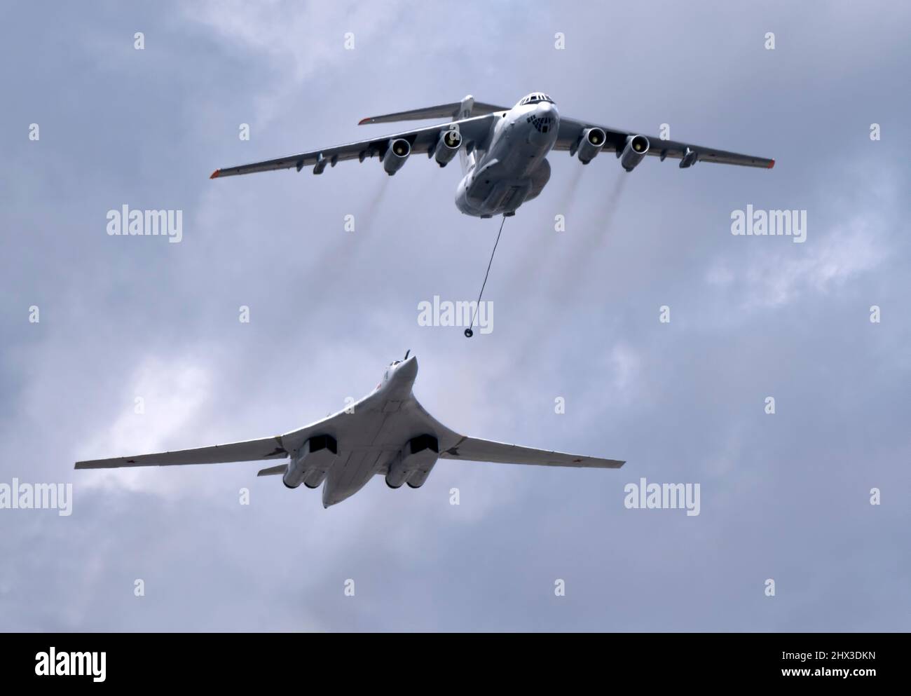 MOSCOW, RUSSIA - MAY 7, 2021: Avia parade in Moscow. tanker Ilyushin Il-78 and strategic bomber and missile platform Tu-160 in the sky on parade of Vi Stock Photo