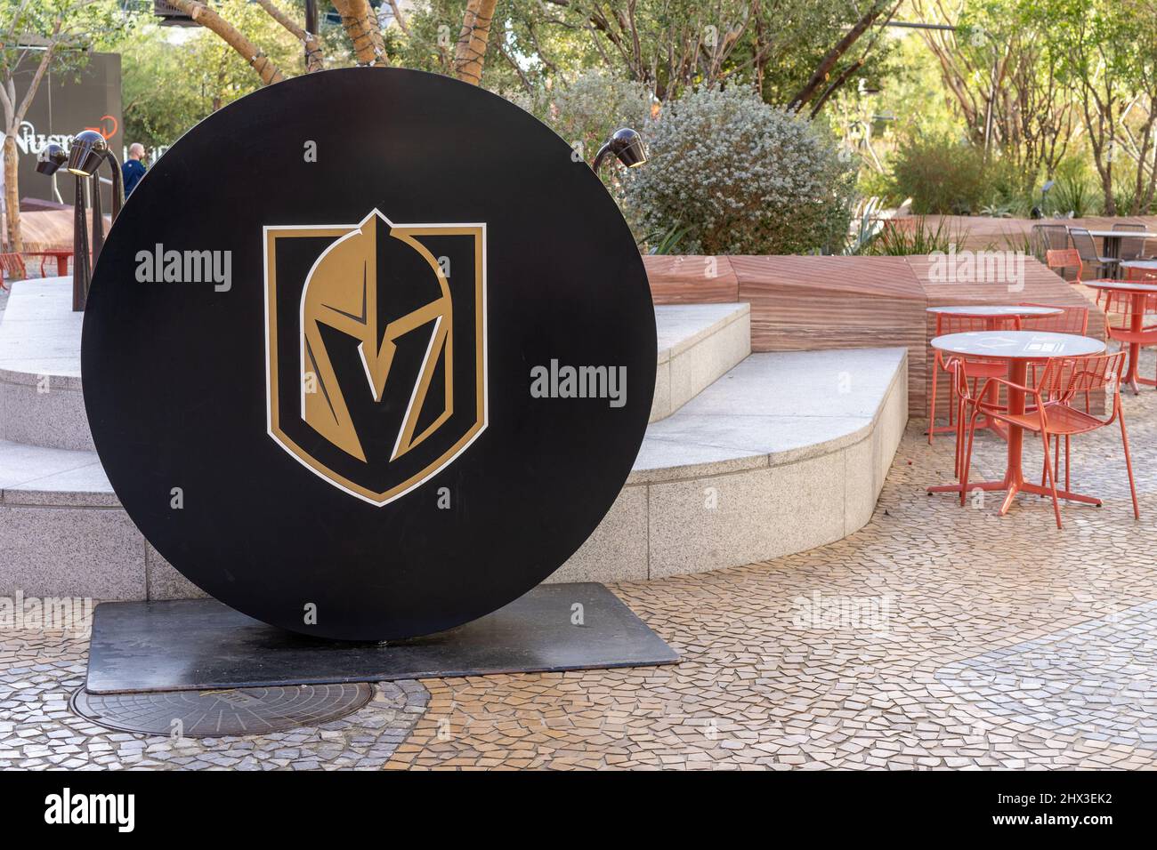 Las Vegas, NV - December 15, 2021: Large logo for the Golden Knights, Las Vegas ice hockey team, sits in The Park, MGM Resort's outdoor dining and ent Stock Photo