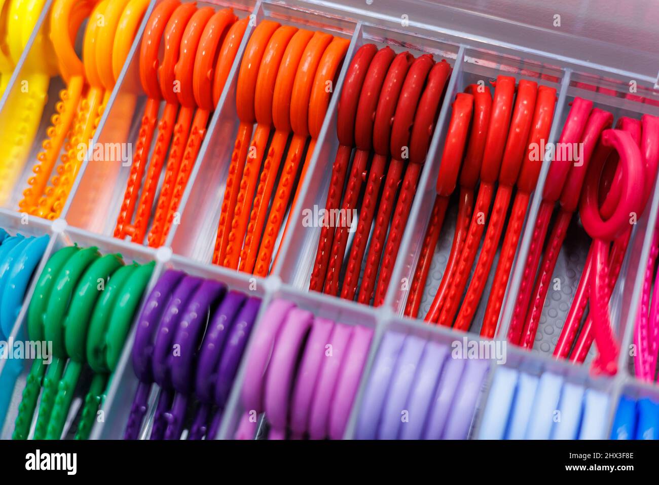 A set of colored elastic bands for installing braces in orthodontic dental treatment Stock Photo
