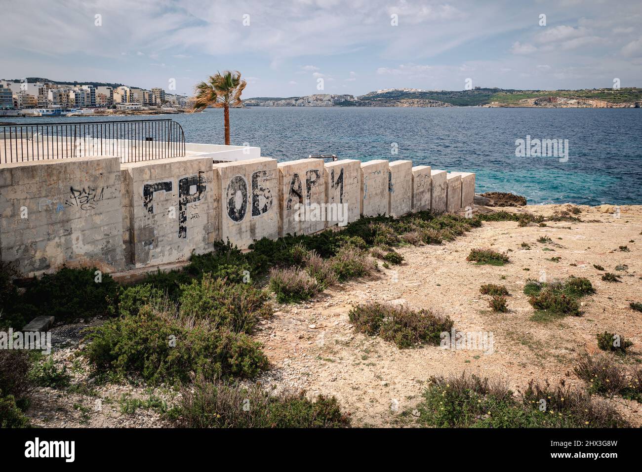 Typical coastline in Bugibba city, Malta island Stock Photo