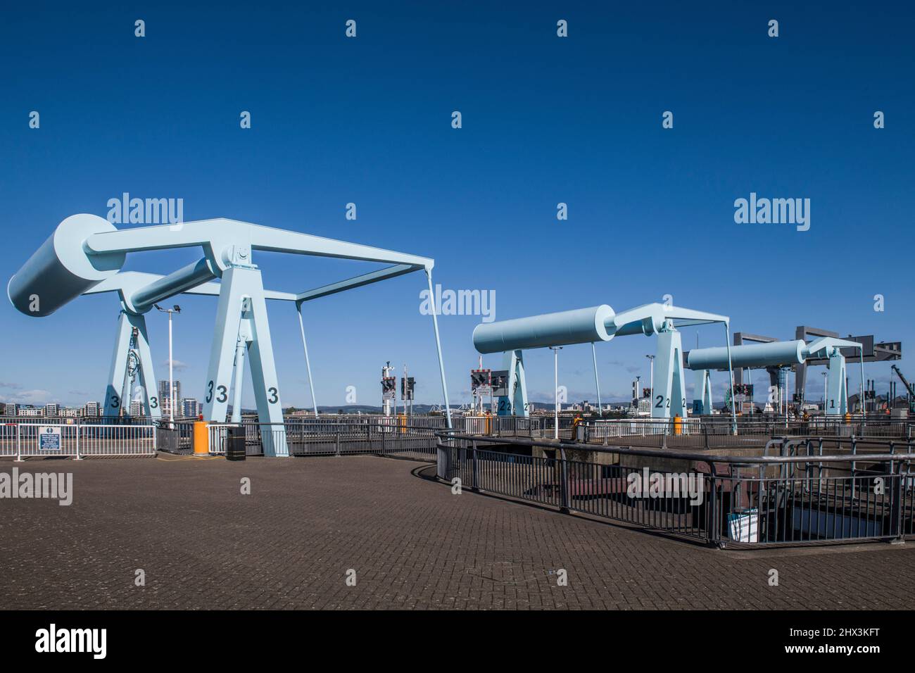 Three Bascule Bridges on the Cardiff Bay Barrage south Wales Stock Photo