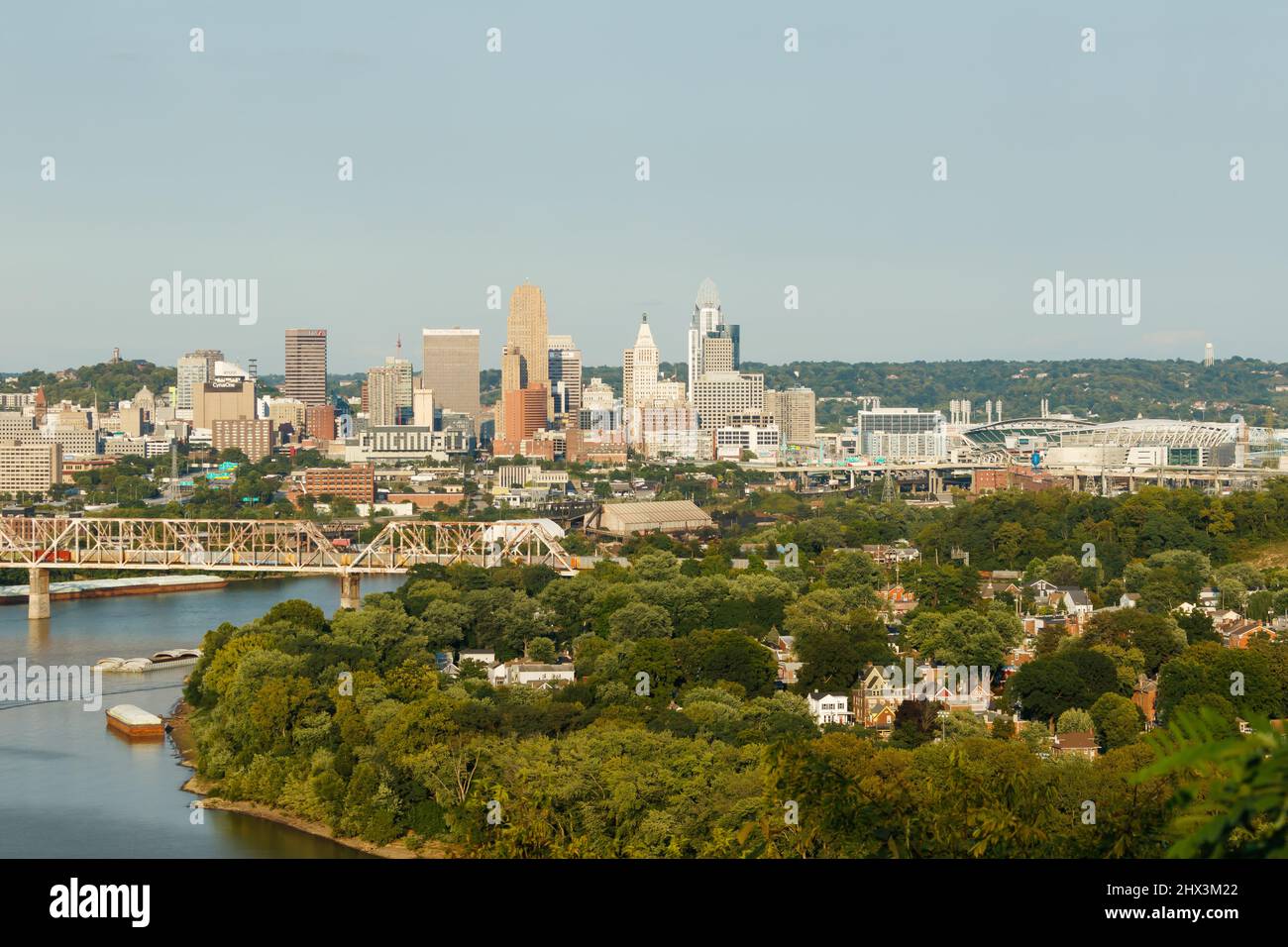 Cincinnati skyline as viewed from Mount Echo Park. Ohio River is in the foreground. Cincinnati, Ohio, USA. Stock Photo