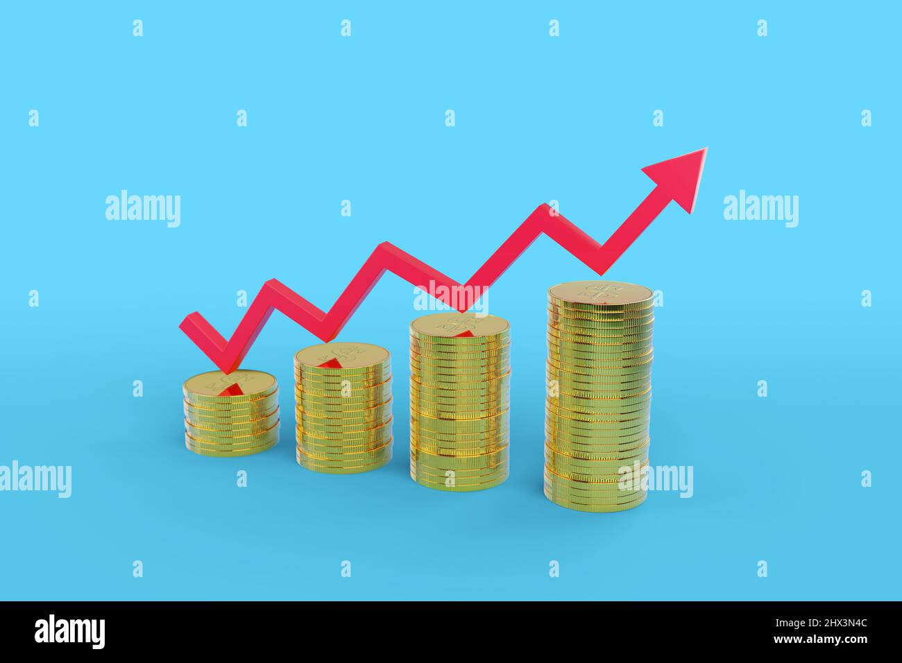 Growth bar chart with stacks of coins isolated on blue background. 3D illustration. Stock Photo