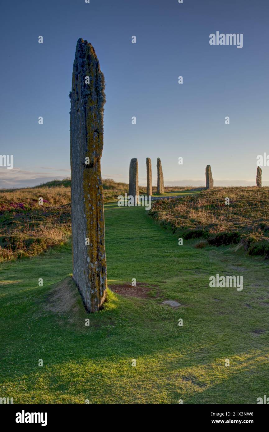 Ring of Brodgar with 6 stones - evening light Stock Photo