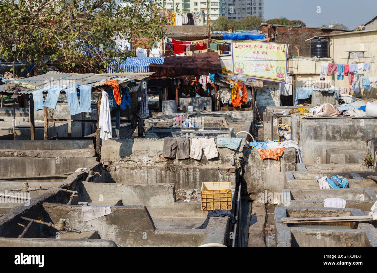 View of rows of concrete wash pens at Mahalaxmi Dhobi Ghat, a large open air laundromat in Mumbai, India Stock Photo