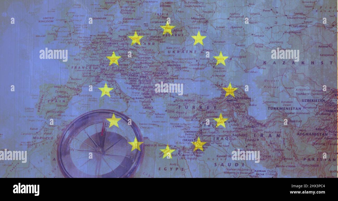 Image of european union flag over map of europe and compass Stock Photo