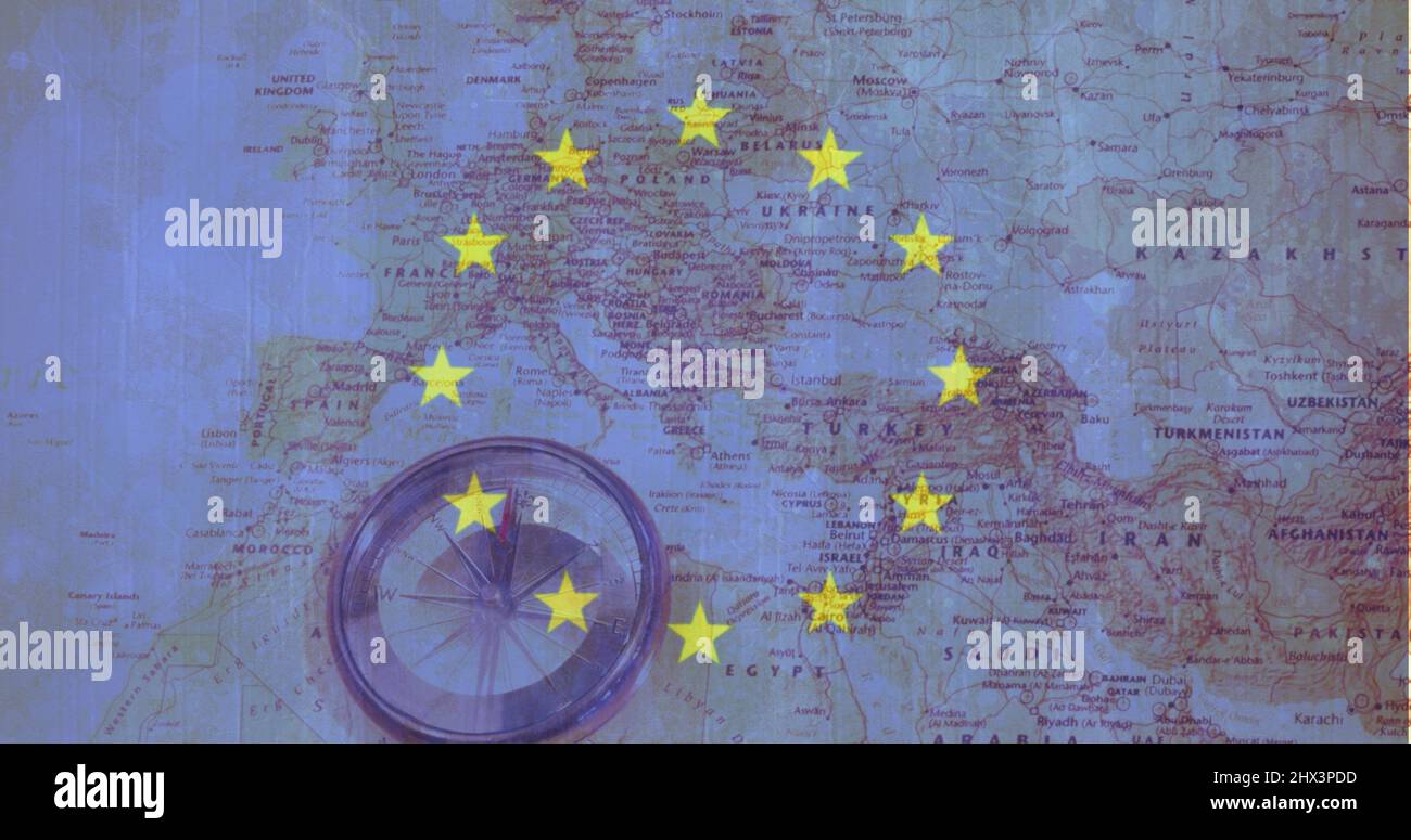 Image of european union flag over map of europe and compass Stock Photo