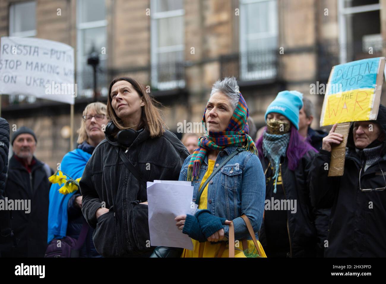 Edinburgh, UK. 9th Mar, 2022. Scottish artists for Ukraine demonstration against to Russian invasion protesting in Consulate of Russian in Edinburgh. Scotland. Pictured: Actress Kate Dickie and Denise Mina joined Scottish Artist for Ukraine Pic Credit: Pako Mera/Alamy Live News Stock Photo