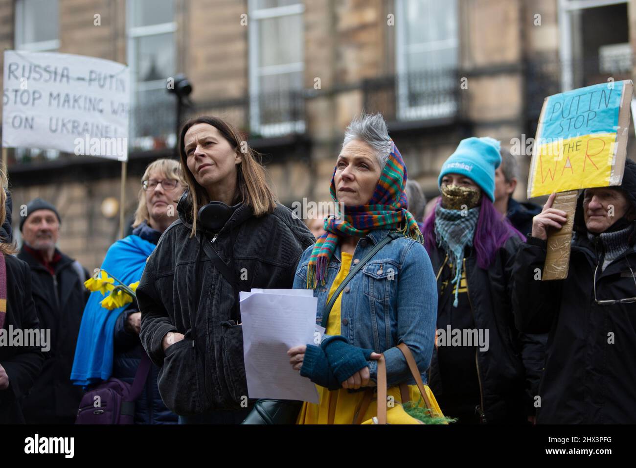 Edinburgh, UK. 9th Mar, 2022. Scottish artists for Ukraine demonstration against to Russian invasion protesting in Consulate of Russian in Edinburgh. Scotland. Pictured: Actress Kate Dickie and Denise Mina joined Scottish Artist for Ukraine Pic Credit: Pako Mera/Alamy Live News Stock Photo