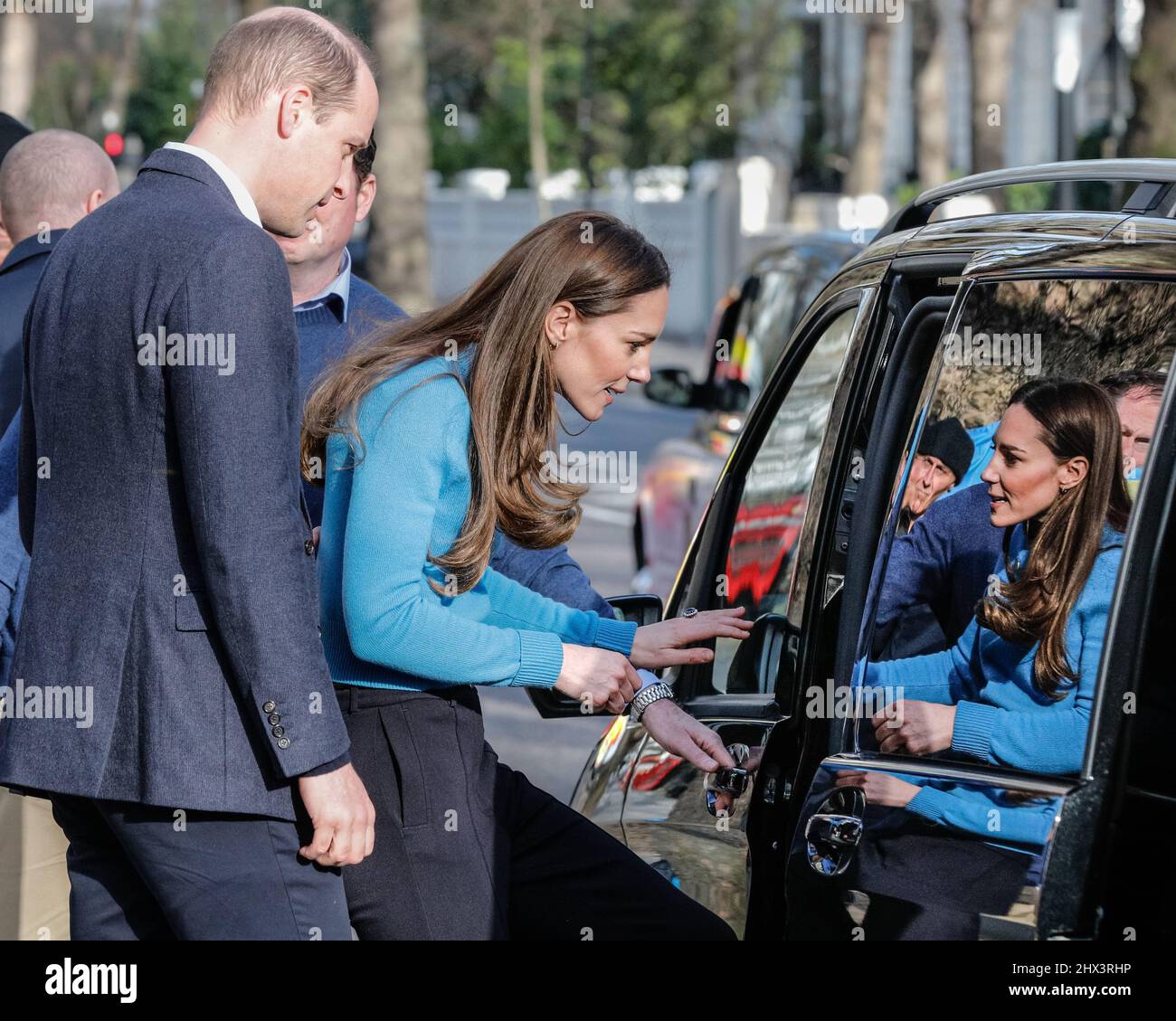 London, UK. 09th Mar, 2022. The Duchess of Cambridge is reflected in the waiting car. The Duke and Duchess of Cambridge visit the Ukrainian Cultural Centre in London to learn about the extraordinary efforts being made to support Ukrainians in the UK and across Europe. Credit: Imageplotter/Alamy Live News Stock Photo