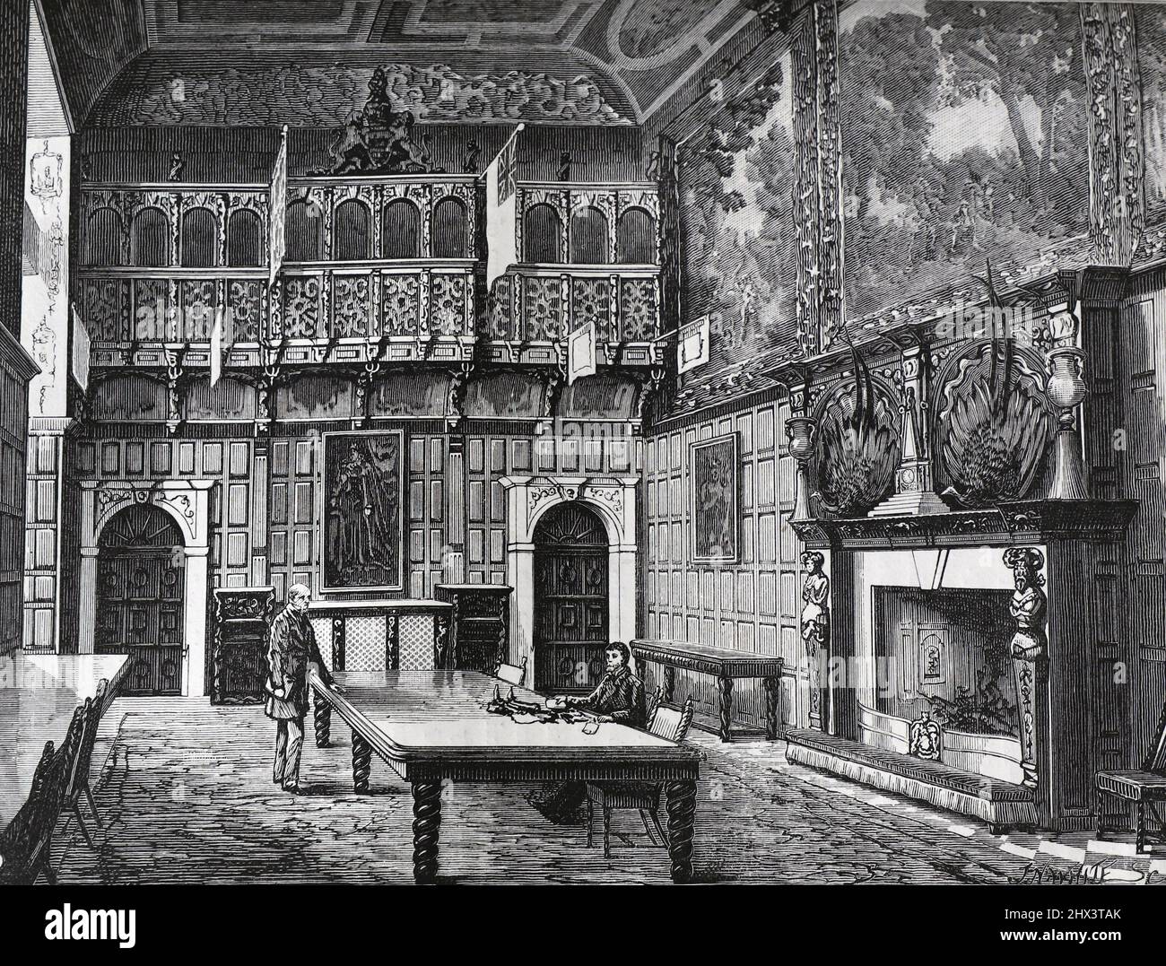 The Dining Room, Hatfield House, Hertfordshire, in the 19th Century; Black and White Illustration; Stock Photo