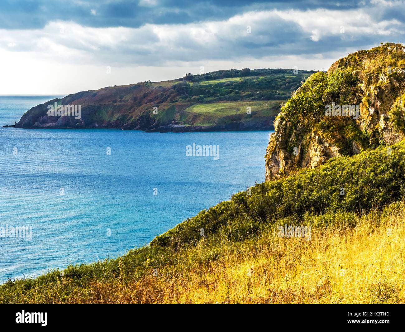 View from the South West Coast Path towards St. Mary's Bay and Sharkham Point near Brixham, Devon. Stock Photo