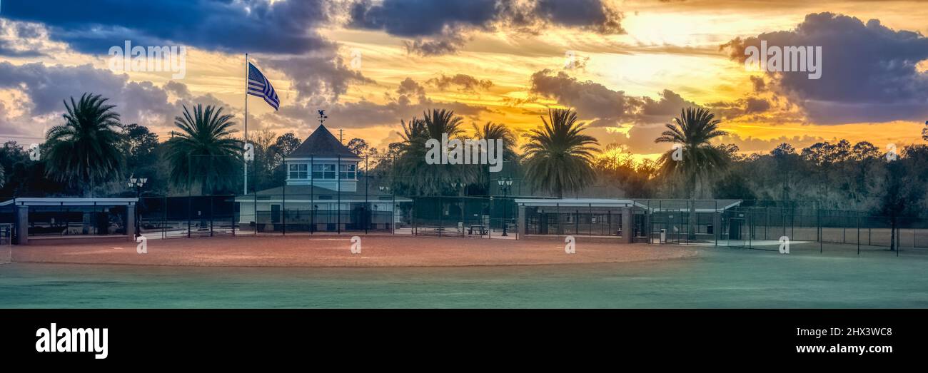 Panoramic View of the Soaring Eagle Softball Complex at Sunset in The Villages, Florida Stock Photo