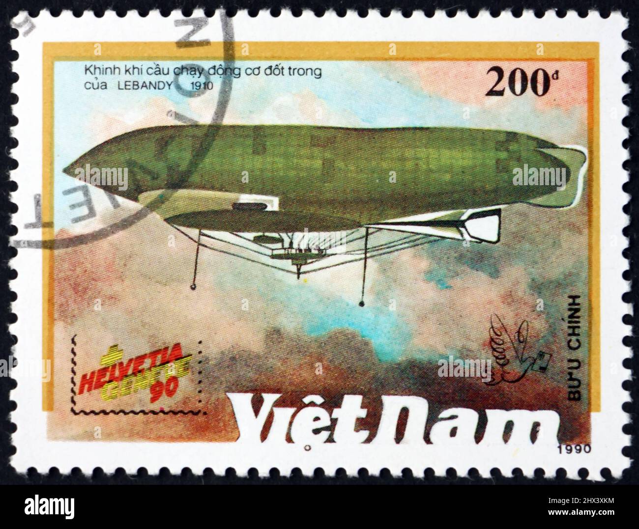 VIETNAM - CIRCA 1990: a stamp printed in Vietnam shows Lebaudy Patrie was a semi-rigid airship built for the French army in 1910, circa 1990 Stock Photo