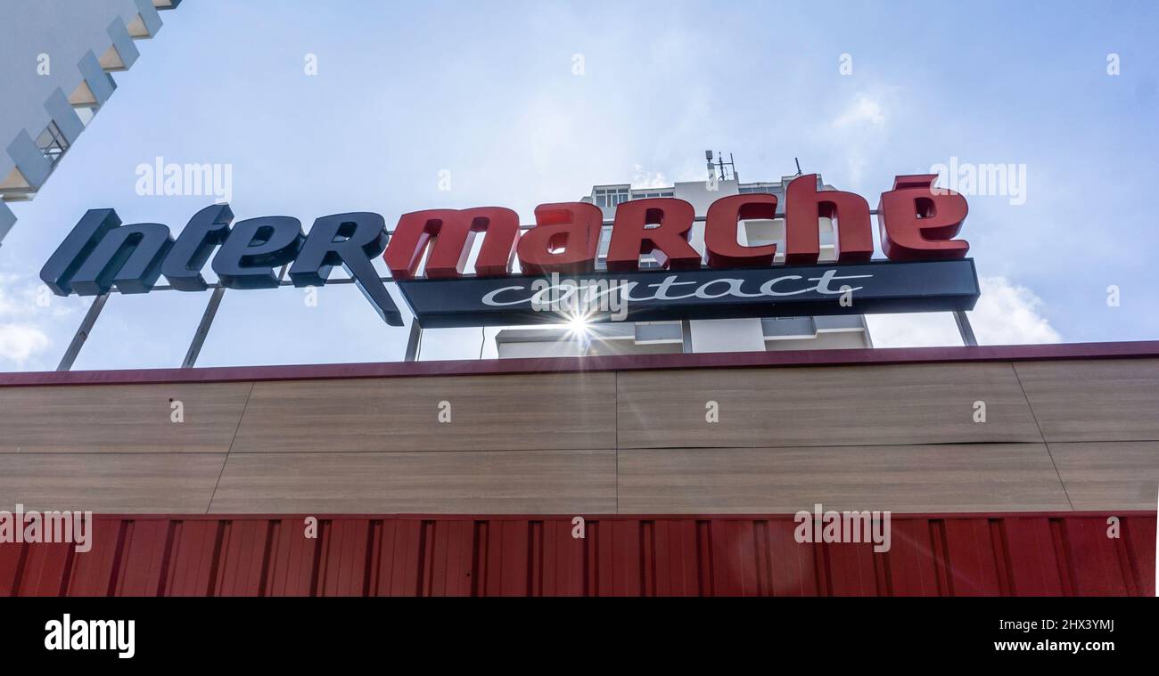 A sign for Intermarché Contact Supermarket in Quarteira, Portugal. Stock Photo