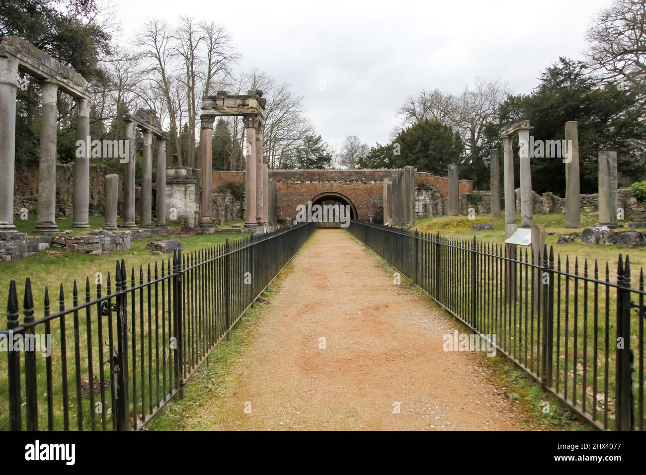 Roman Ruins Leptis Magna Ruins, Virginia Water Lake, Windsor Great Park, Surrey, England, UK March 2022 Stock Photo