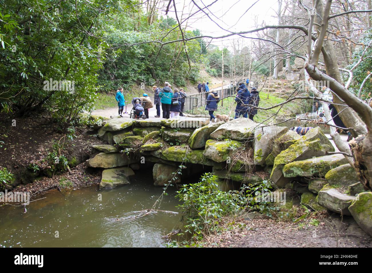 The Cascade waterfall at Virginia Water Lake, Windsor Great Park, Surrey, March 2022 Stock Photo