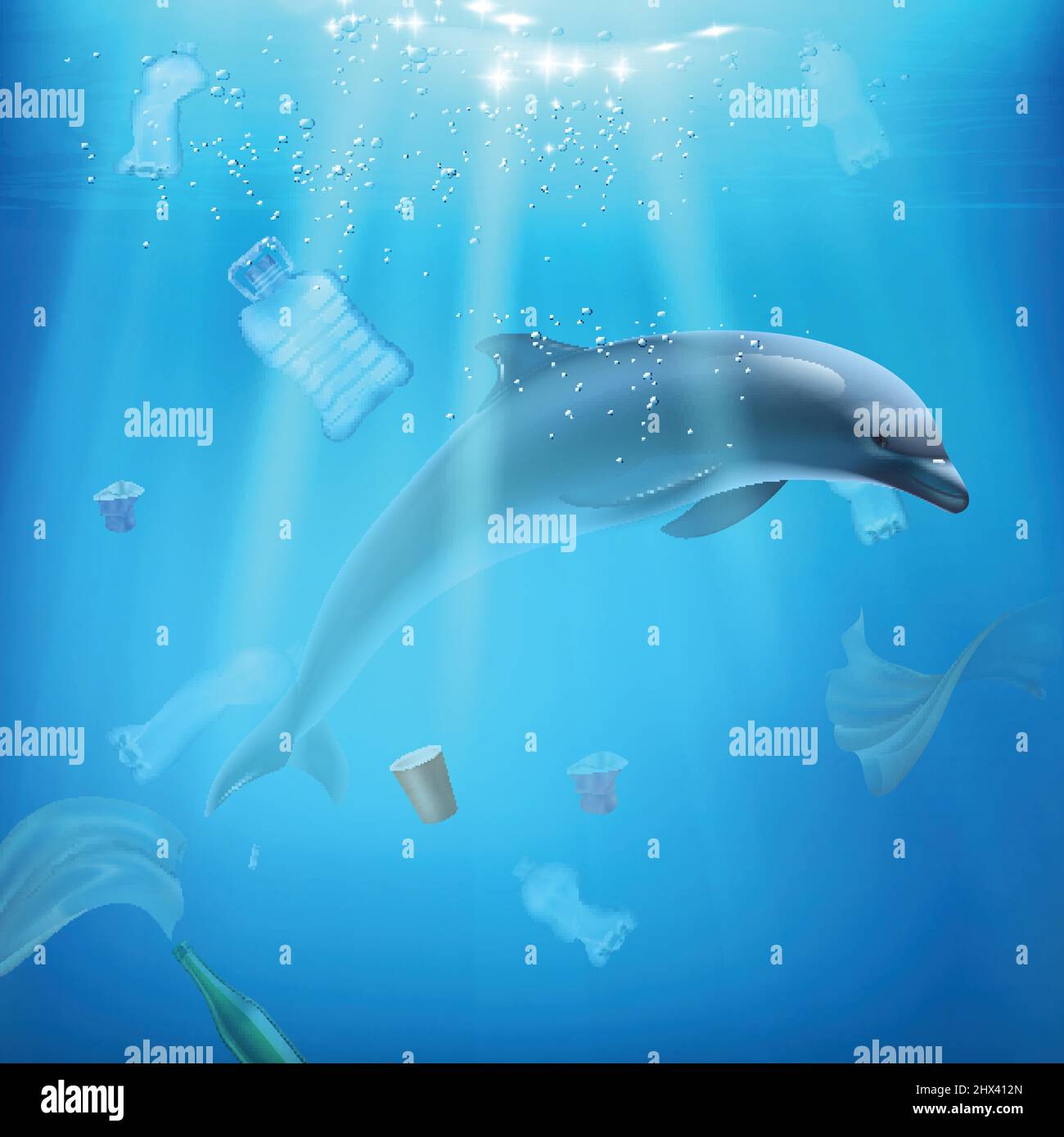 Dolphin and pollution in the sea realistic composition with dolphin ...