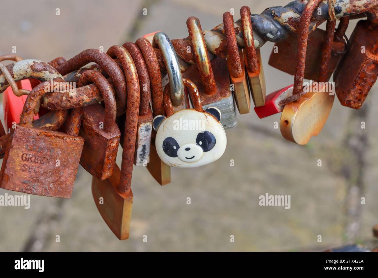 Love locks / padlocks along the promenade at Pier Head, Liverpool Stock