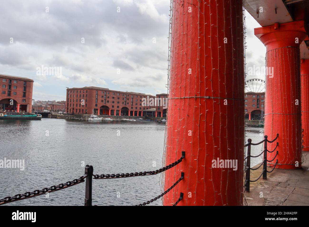 Looking out across the dock at the Royal Albert Dock, Liverpool Stock Photo