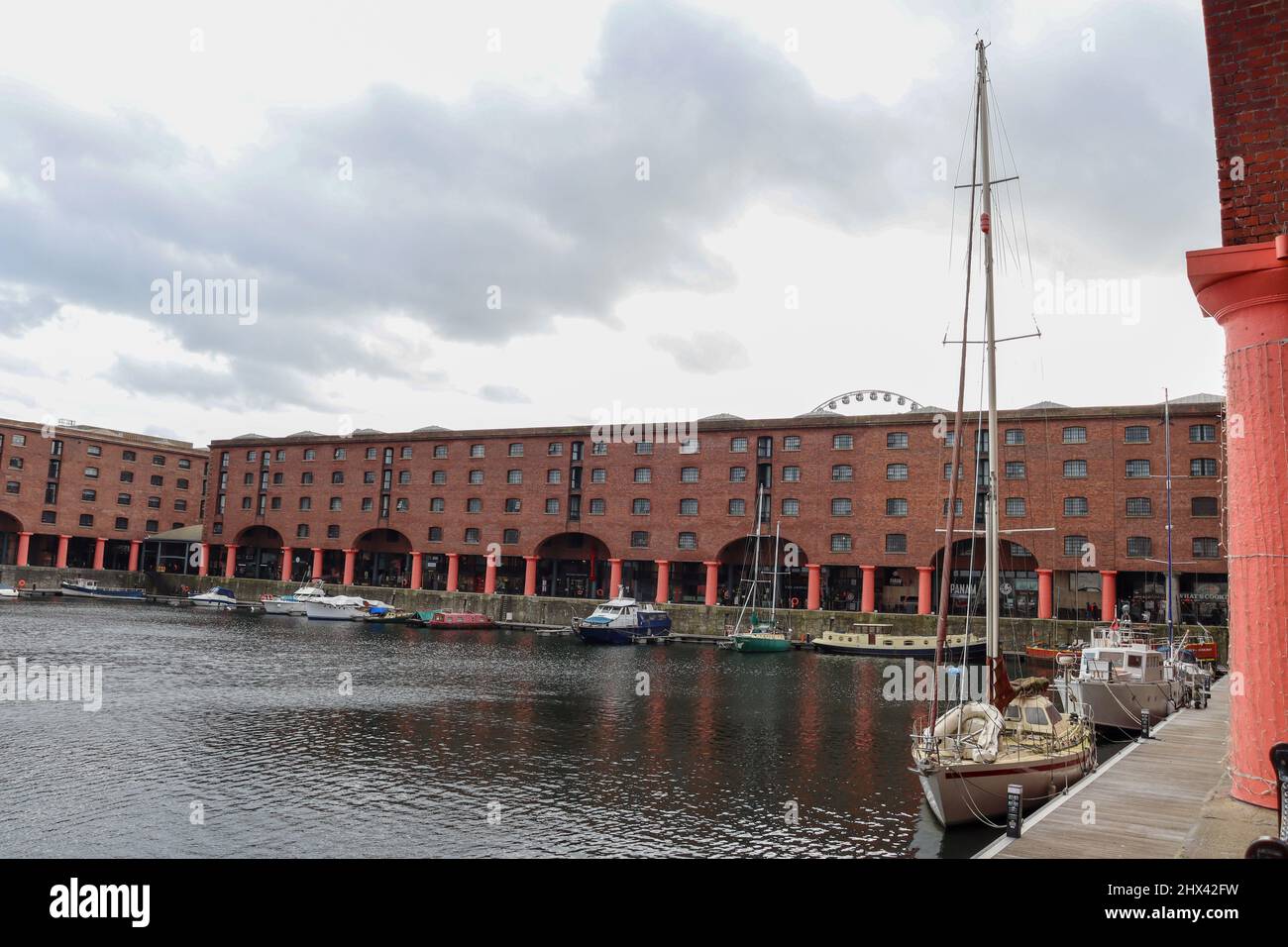 Sail ships with tall mast moored at the Royal Albert Dock, Liverpool Stock Photo