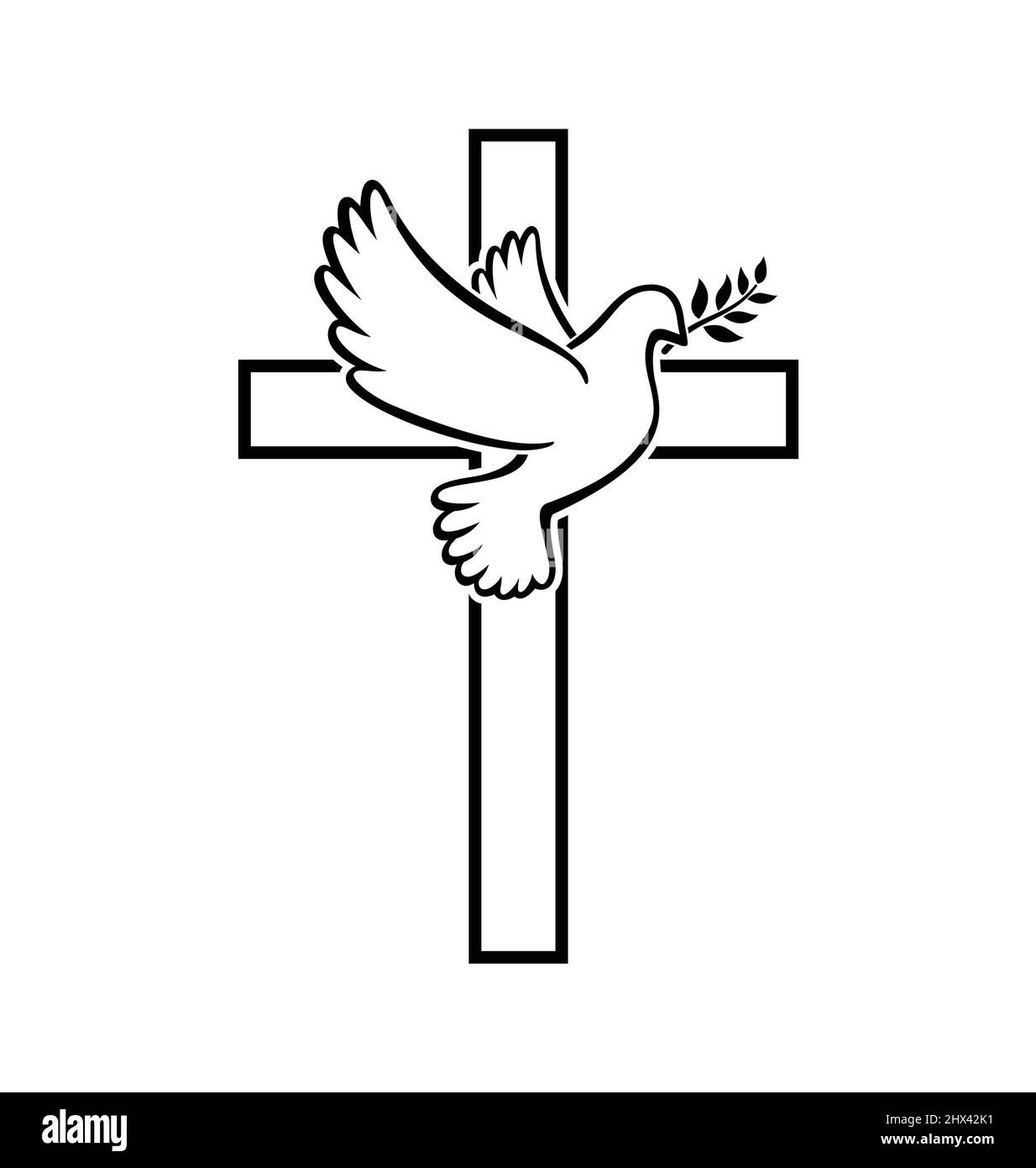 beautiful flying white peace dove pigeon bird outline with olive branch silhouette on christian cross crucifix vector isolated on white background Stock Vector