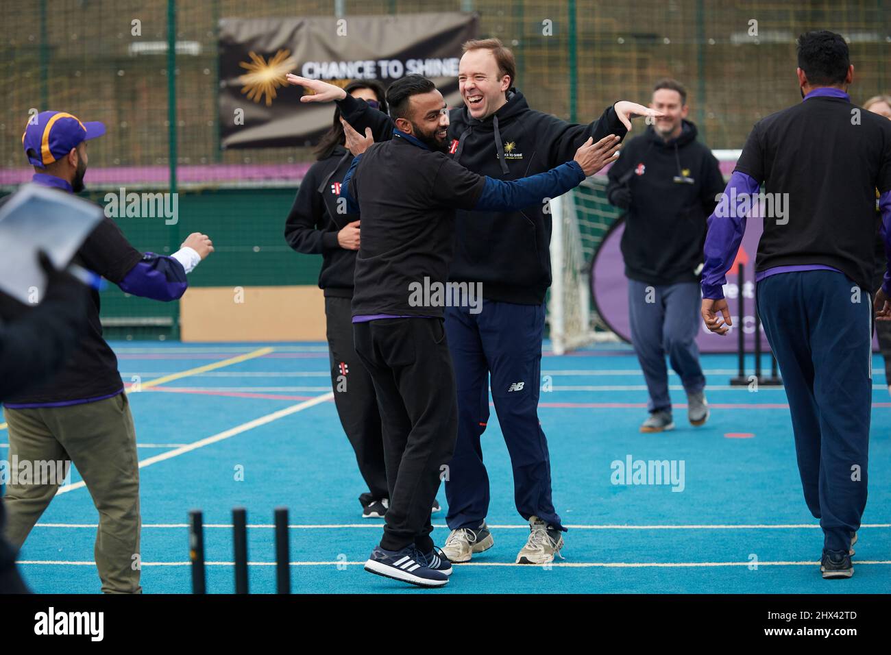 Matt Hancock playing charity street cricket Stock Photo