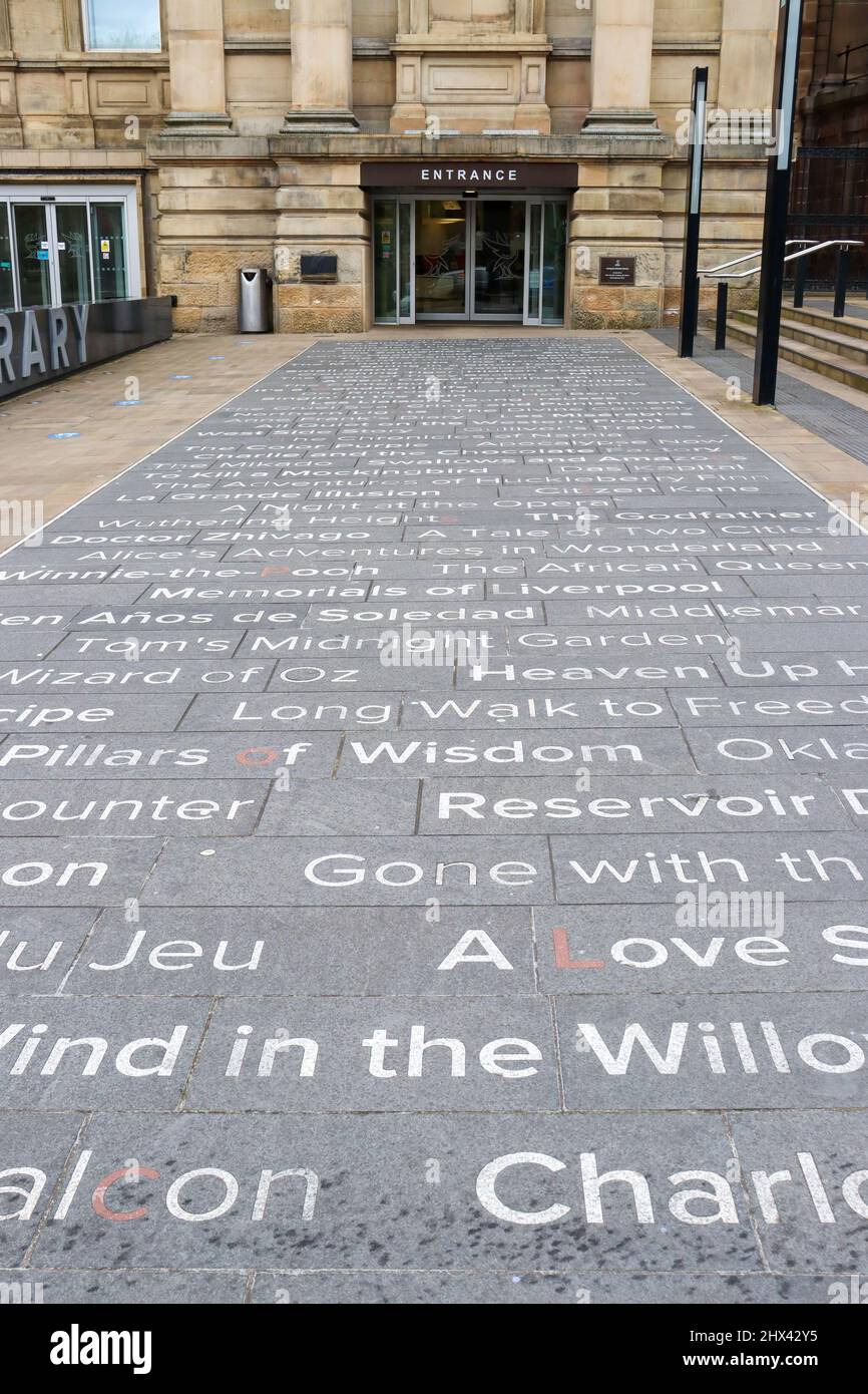 Words / writing on the floor, outside Liverpool Central Library Stock Photo