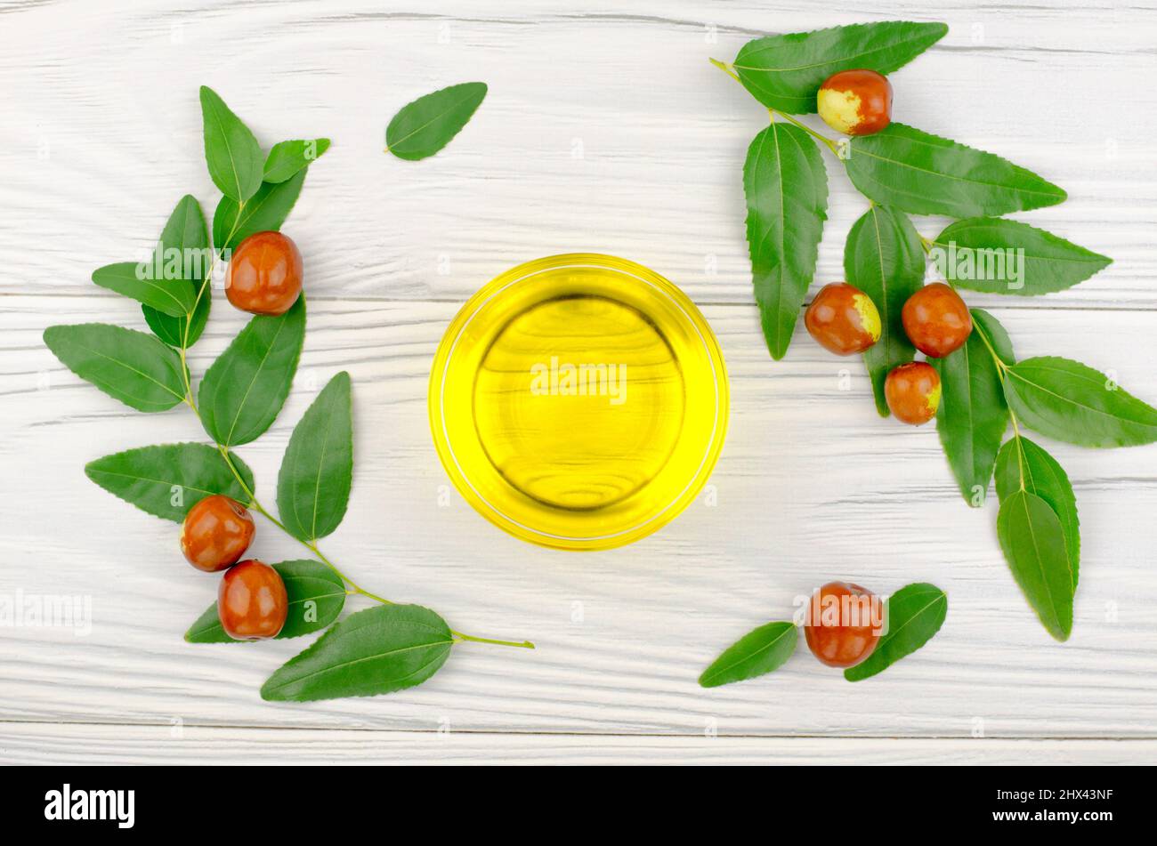 Jojoba oil in a bowl, a sprig of jojoba and fruits on a white wooden table Stock Photo