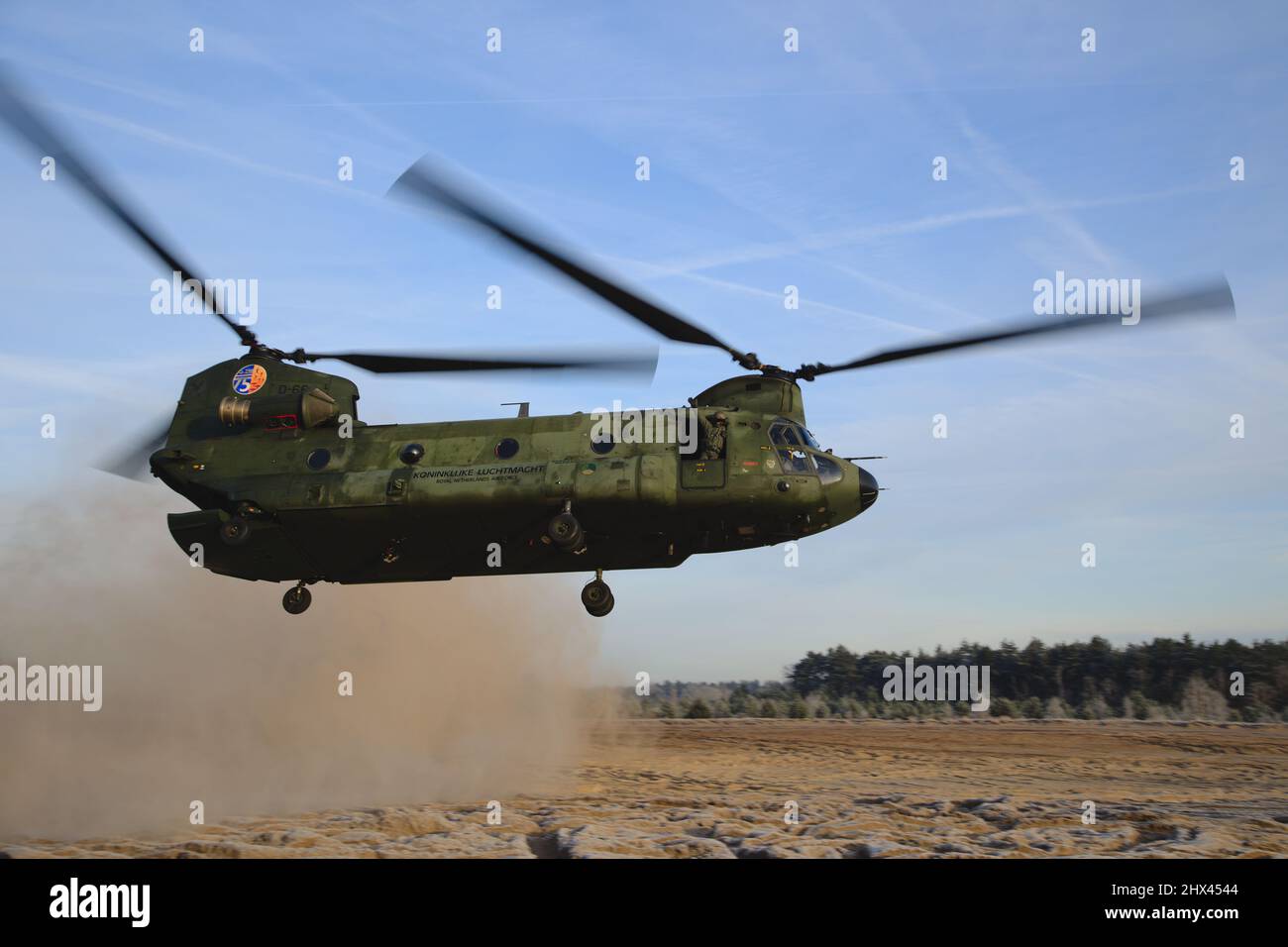 Low flying Chinook helicopter flying in a sandy environment, Dutch Air Force CH-47 Chinook Stock Photo