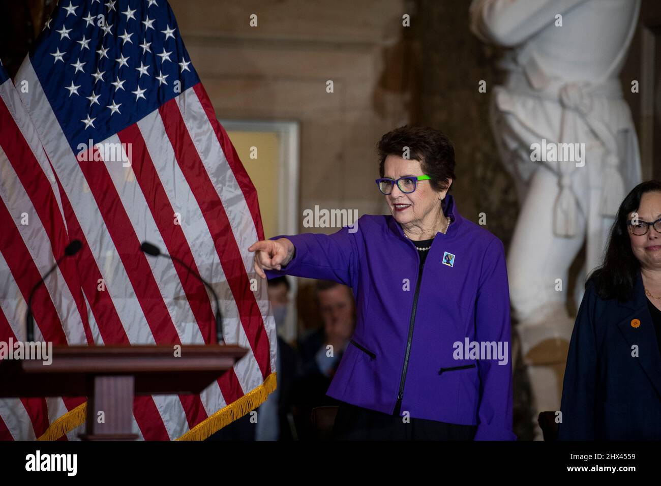 Tennis legend Billy Jean King arrives for an annual Women's History Month event honoring herself and Women Athletes in Celebration of the 50th Anniversary of Title IX, in Statuary Hall at the US Capitol in Washington, DC, Wednesday, March 9, 2022. Credit: Rod Lamkey/CNP /MediaPunch Stock Photo