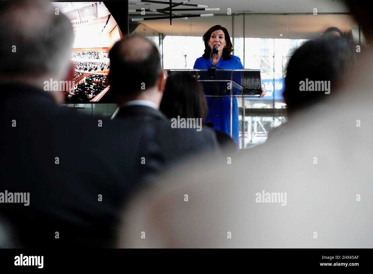New York Governor Kathy Hochul speaks at a news conference about the newly renovated David Geffen Hall, in the Manhattan borough of New York City, New York, U.S., March 9, 2022.  REUTERS/Carlo Allegri Stock Photo