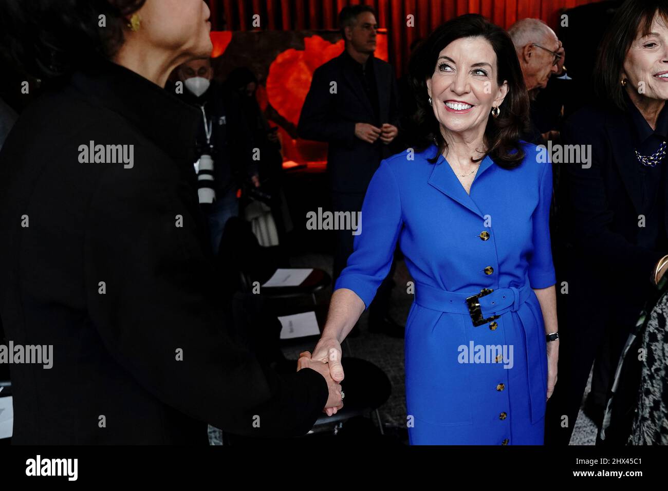 New York Governor Kathy Hochul shakes hands at the end of a news conference about the newly renovated David Geffen Hall, in the Manhattan borough of New York City, New York, U.S., March 9, 2022.  REUTERS/Carlo Allegri Stock Photo