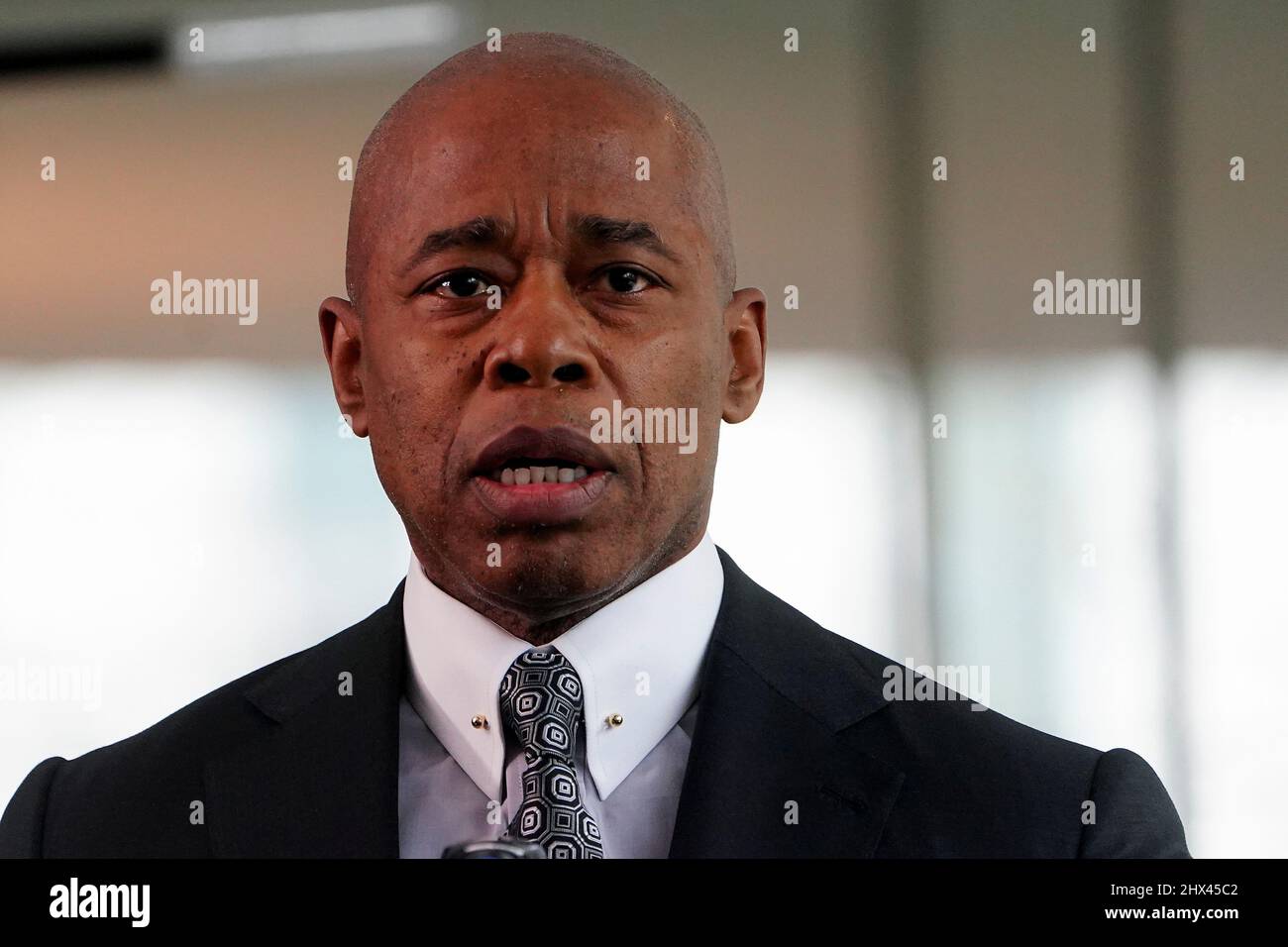 New York City Mayor Eric Adams speaks at a news conference about the newly renovated David Geffen Hall, in the Manhattan borough of New York City, New York, U.S., March 9, 2022.  REUTERS/Carlo Allegri Stock Photo