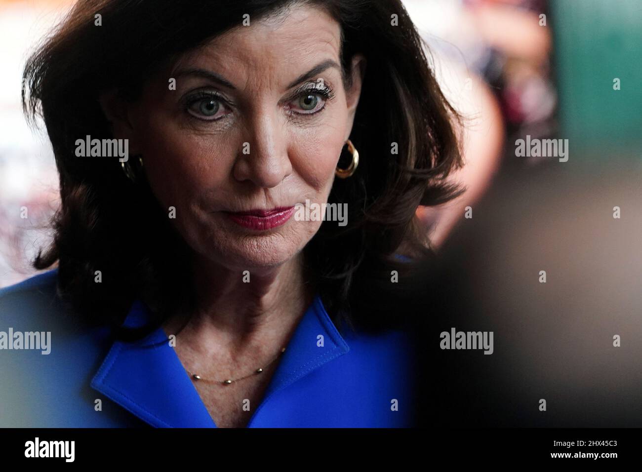New York Governor Kathy Hochul is pictured at the end of a news conference about the newly renovated David Geffen Hall, in the Manhattan borough of New York City, New York, U.S., March 9, 2022.  REUTERS/Carlo Allegri Stock Photo