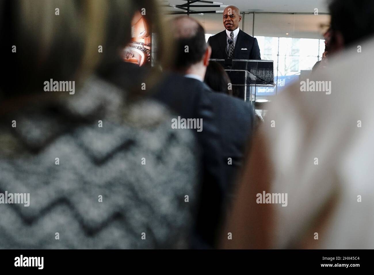 New York City Mayor Eric Adams speaks at a news conference about the newly renovated David Geffen Hall, in the Manhattan borough of New York City, New York, U.S., March 9, 2022.  REUTERS/Carlo Allegri Stock Photo