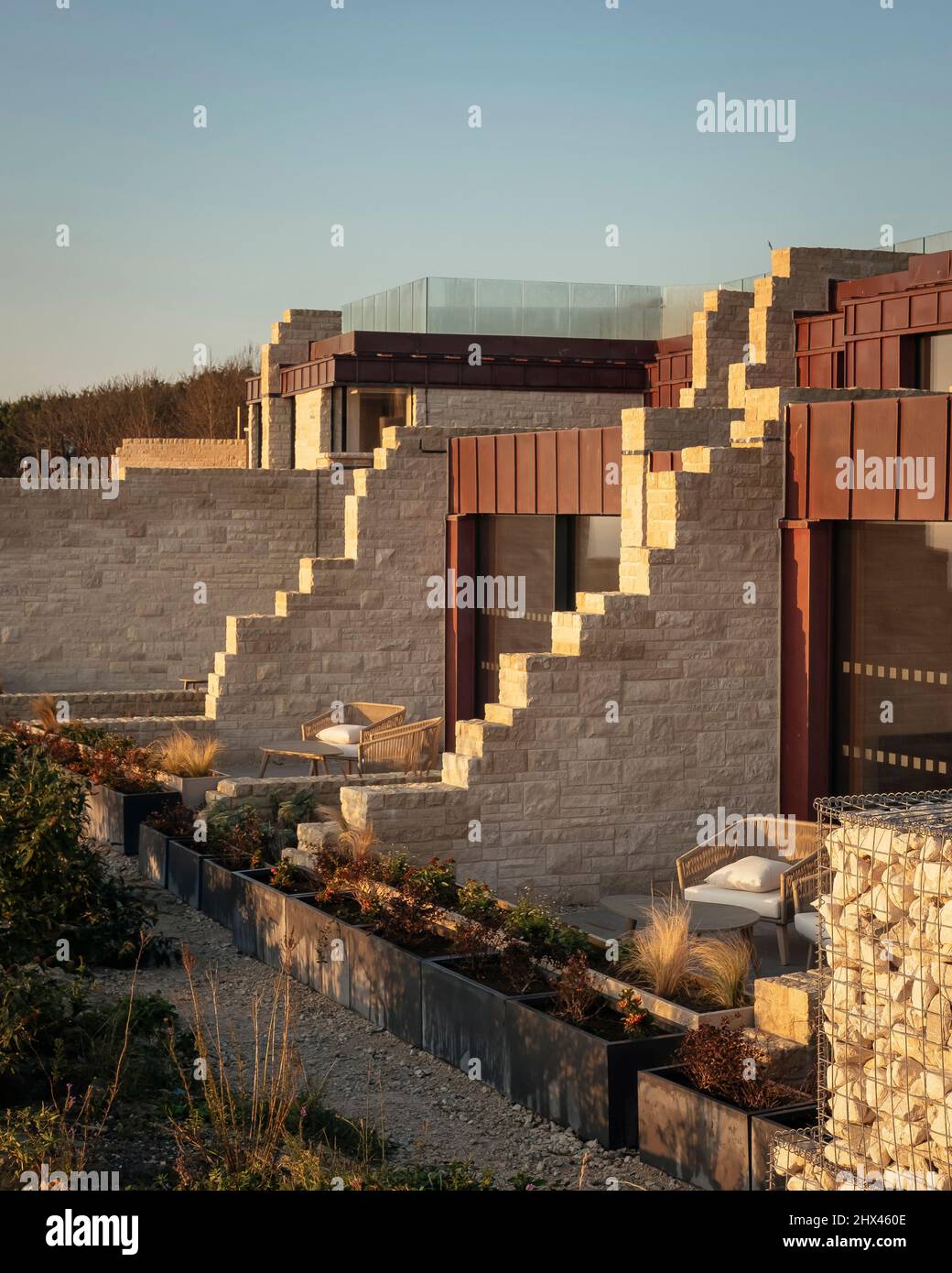 Exterior view across the private seating ares and viewing platforms of