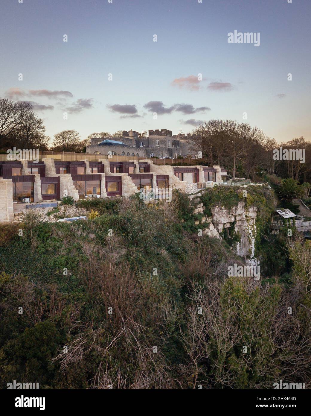 Aerial drone shot, view looking back at the as sun sets