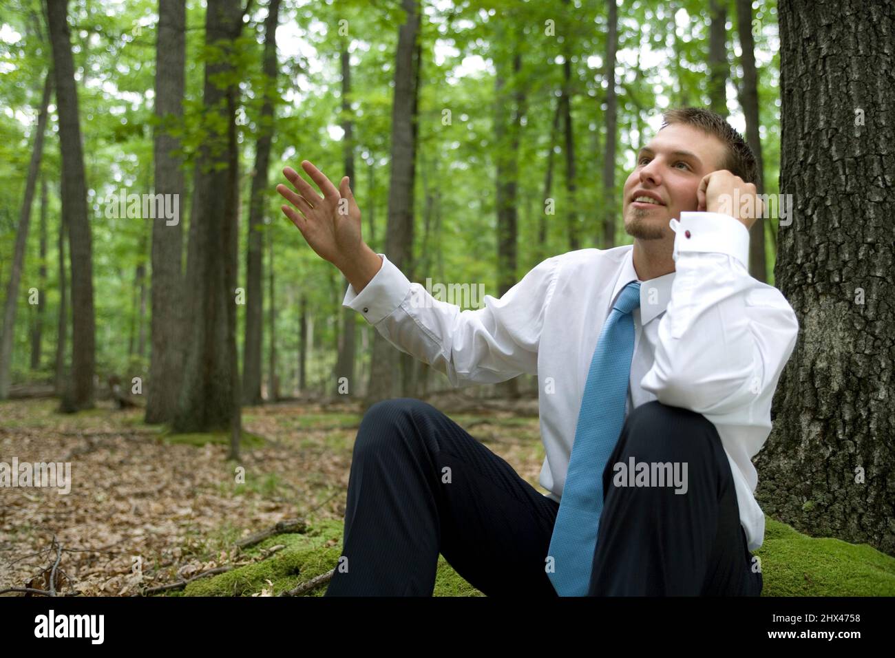 PORTRAIT OF YOUNG BUSINESSMAN WITH TELEPHONE SITTING IN TEMPERATE MIXED NORTHERN FOREST Stock Photo