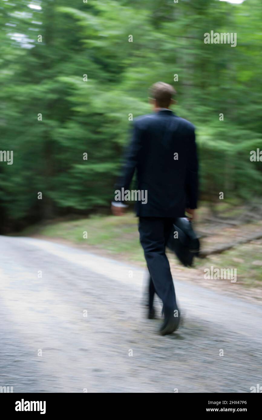 BACK OF YOUNG BUSINESSMAN WALKING ON DIRT ROAD IN TEMPERATE MIXED NORTHERN FOREST Stock Photo