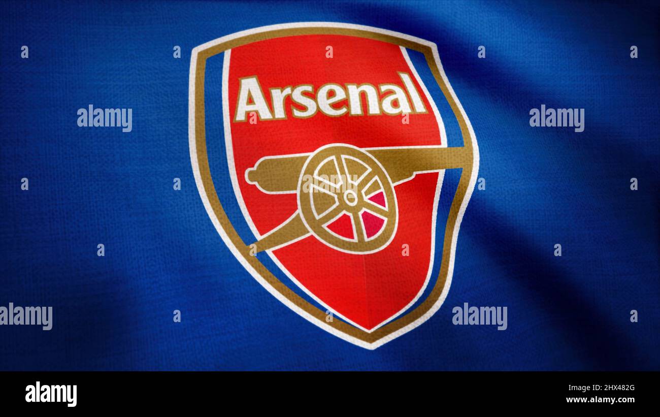 Animated logo of London football club Arsenal F.C. Close-up of waving flag with Arsenal F.C. football club logo, seamless loop, blue background. Edito Stock Photo
