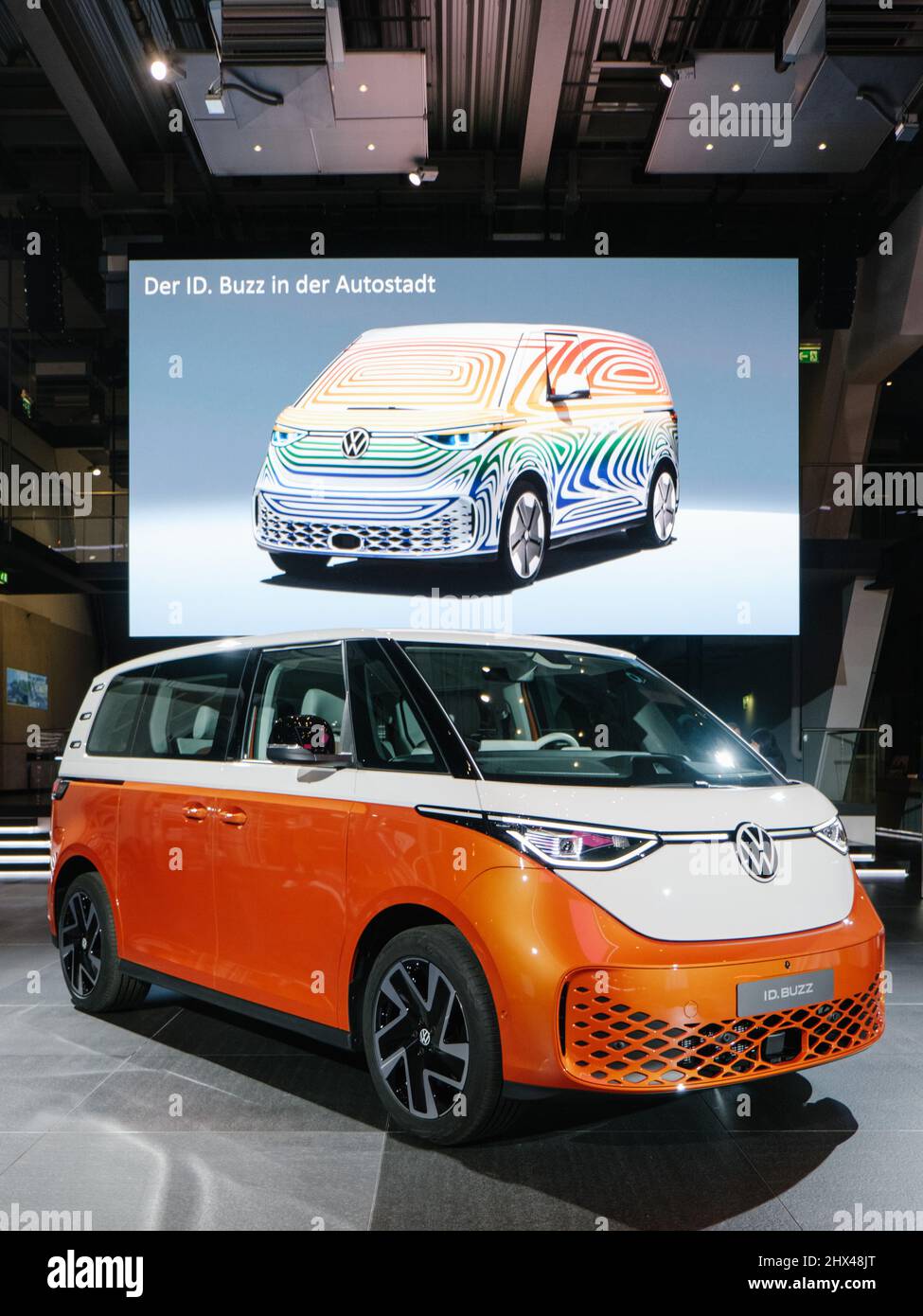 Hanover, Germany. 09th Mar, 2022. An electric Volkswagen ID.Buzz is  unveiled during a presentation. The e-bus produced at VW's light commercial  vehicles in Hanover is considered one of the most important model