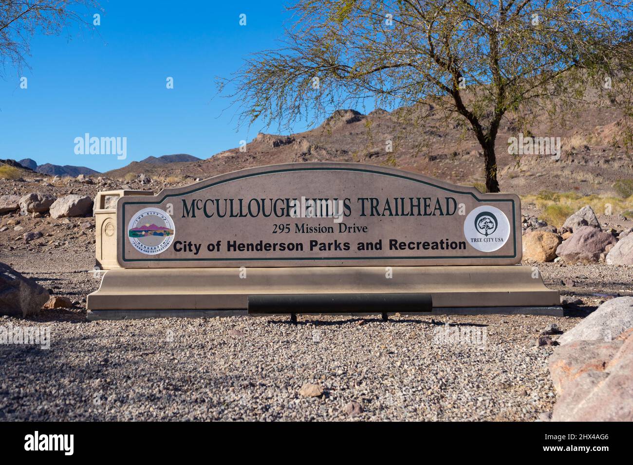 Henderson, NV, USA – February 17, 2022: Signage for McCullough Hills Trailhead in Sloan Canyon National Conservation Area in Henderson, Nevada. Stock Photo