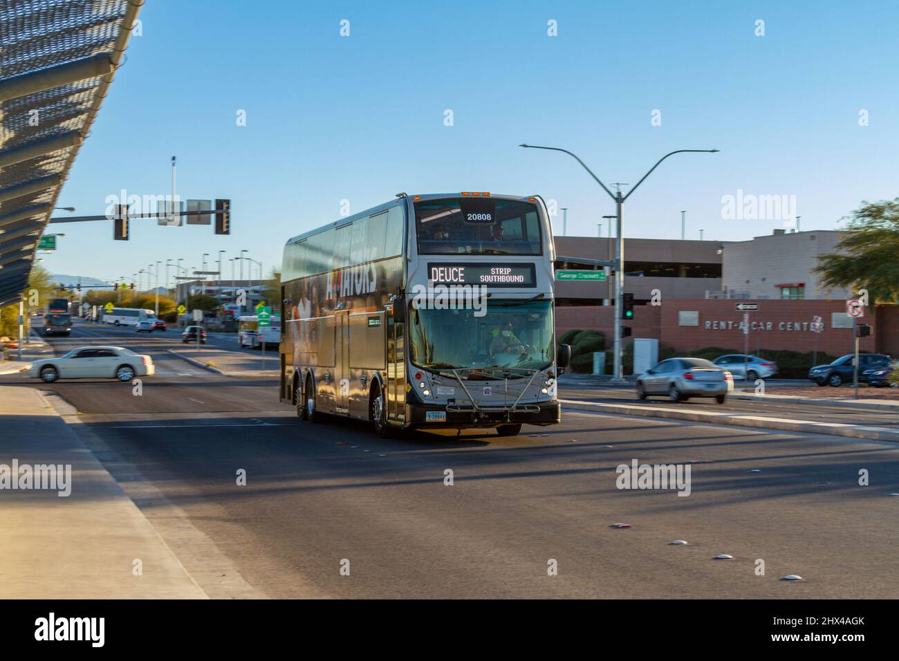 Las Vegas, NV, USA – February 17, 2022: A double decker public bus traveling on a street in Las Vegas, Nevada. Stock Photo