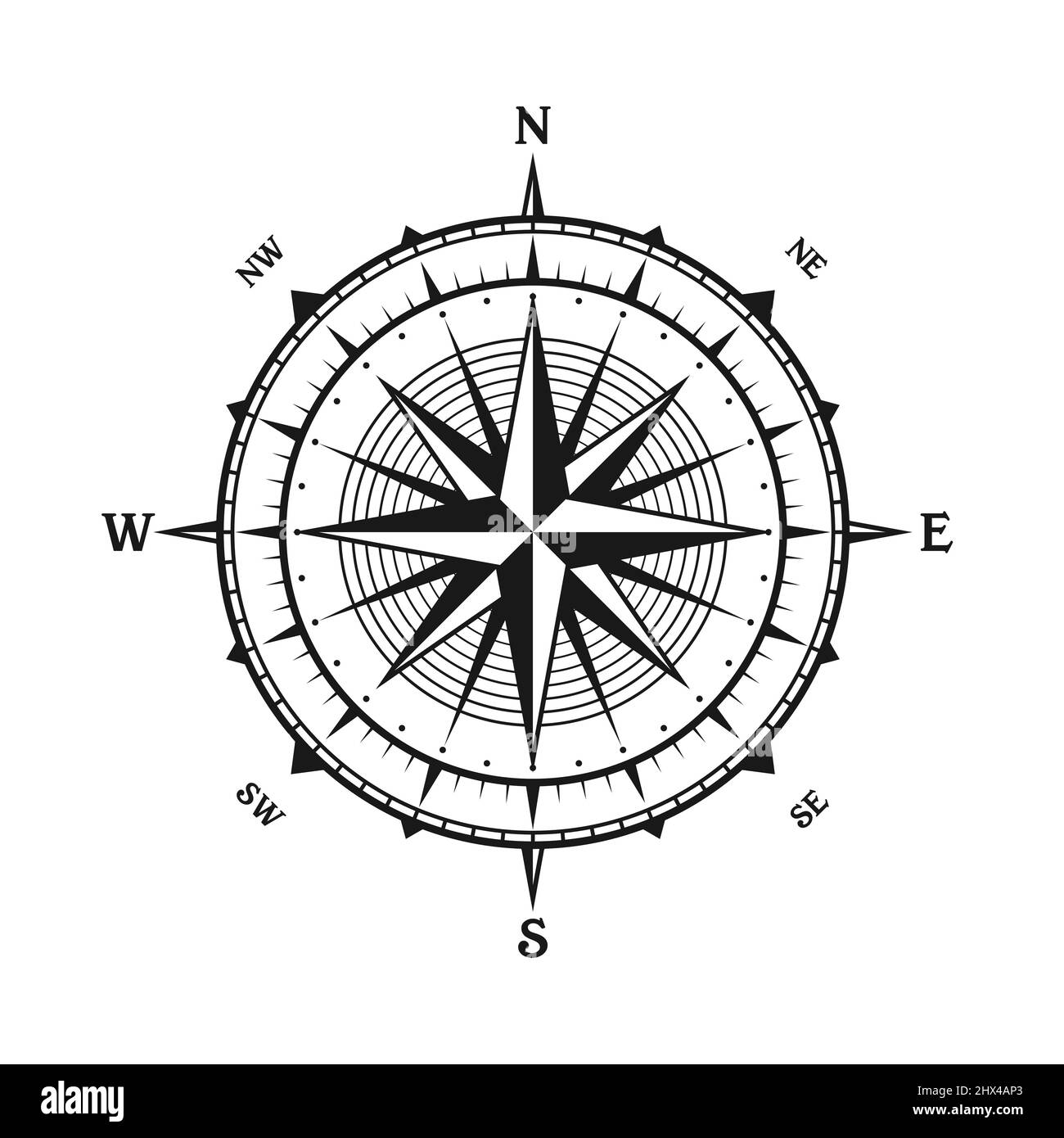 Vintage marine wind rose, nautical chart. Monochrome navigational